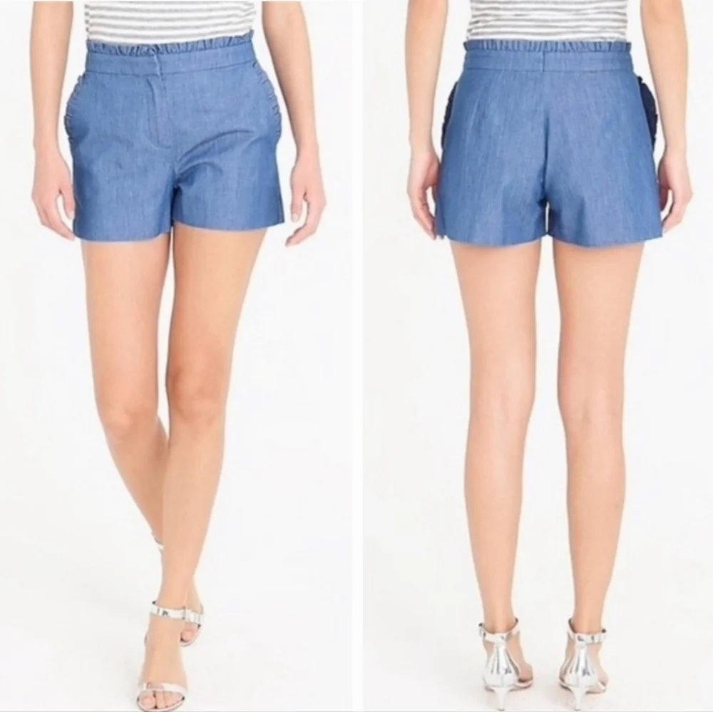 ❤️ J CREW CHAMBRAY RUFFLE TRIM SHORTS, HIGH RISE, 6 (28)